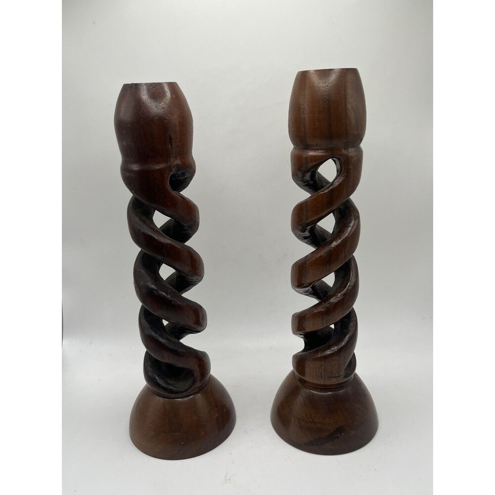 Vintage Walnut Open Barley Twist Candlesticks Pair 10 in Hand Turned Wood - Picture 2 of 5